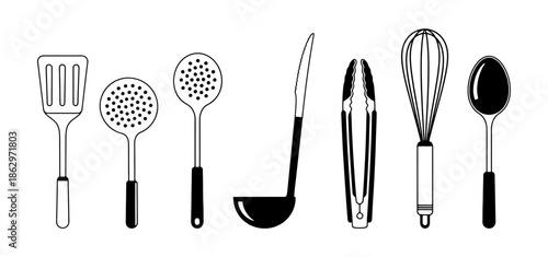 Black and white illustration of various kitchen utensils, including a spatula and whisk.