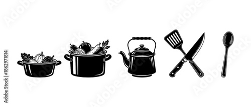 A collection of black and white illustrations of kitchenware and food items, including pots, a kettle, utensils, and vegetables.