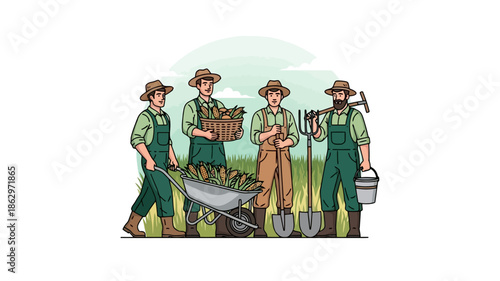 A group of farmers in overalls and hats stand together in a field with farming tools and harvested crops.