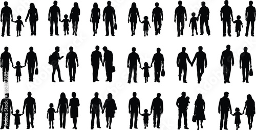 Family people silhouettes set showing parents children couples walking together isolated on white background vector illustration modern lifestyle design