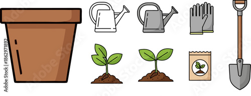 A collection of gardening tools and plants, including a terracotta pot, watering cans, gloves, a shovel, seedlings, and a seed packet.