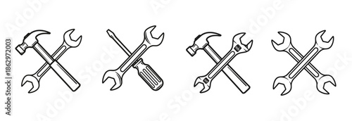 A collection of four stylized icons featuring crossed tools, including hammers, wrenches, and a screwdriver, presented in a simple line art style.