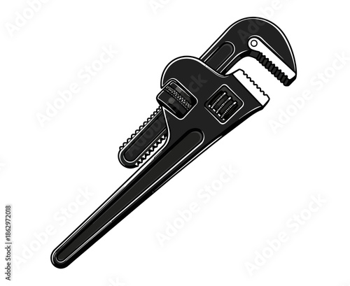 A black adjustable pipe wrench with serrated jaws and a long handle, isolated on a white background.
