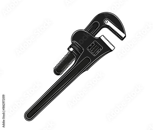 Black and white illustration of a pipe wrench, a tool used for plumbing and construction.