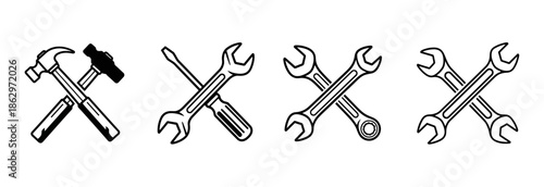 A collection of four crossed tool icons, including a hammer and claw, a screwdriver and wrench, and two pairs of crossed wrenches.