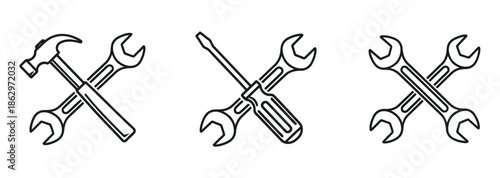 Three icons representing tools: a hammer and wrenches, a screwdriver and wrenches, and two crossed wrenches.