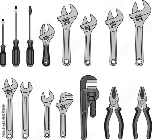 A collection of various hand tools including screwdrivers, adjustable wrenches, pipe wrenches, and pliers.