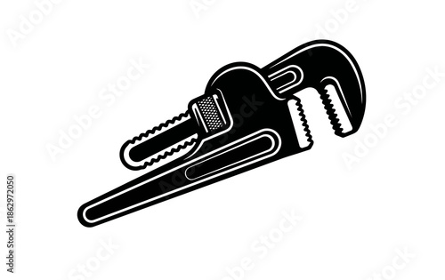 Black and white illustration of two pipe wrenches, tools used for plumbing and construction.