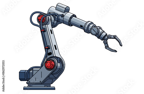 A detailed illustration of a robotic arm with multiple joints and a gripper, designed for industrial automation.