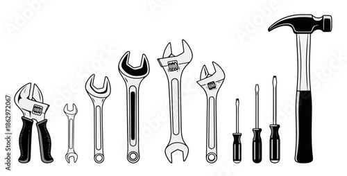 A collection of various hand tools including wrenches, pliers, screwdrivers, and a hammer, all rendered in a black and white illustration style.