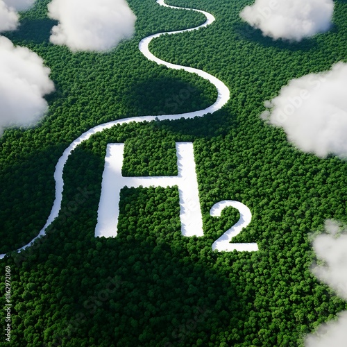 Chemical formula for hydrogen gas is prominently displayed across a verdant, forested landscape viewed from above