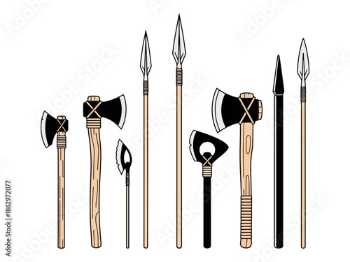 Illustration of various axes and spears with wooden handles.