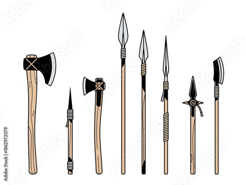A collection of various medieval weapons including axes, spears, and polearms, presented in a clear illustration.