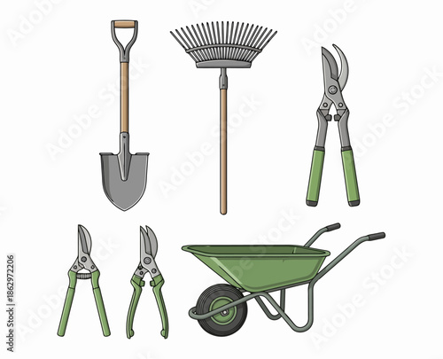 Illustration of gardening tools: shovel, rake, pruners, wheelbarrow.
