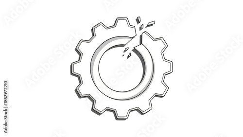 A white outline drawing of a broken gear with pieces flying off, symbolizing mechanical failure or breakdown.