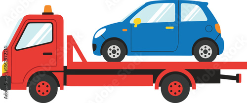 Flatbed tow truck carrying small car isolated on white background roadside assistance vehicle recovery and emergency towing illustration
