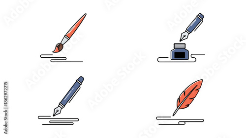 A collection of four artistic writing and drawing tools, including a paintbrush, a fountain pen with ink, and a quill pen.