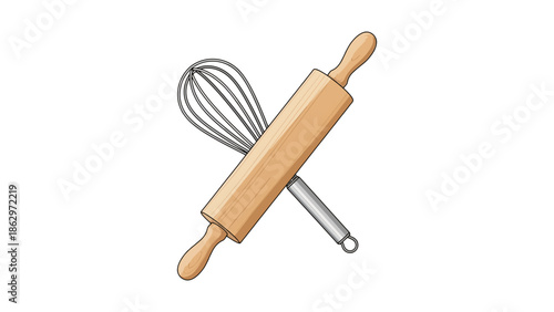 Rolling pin and whisk crossed, baking tools illustration.