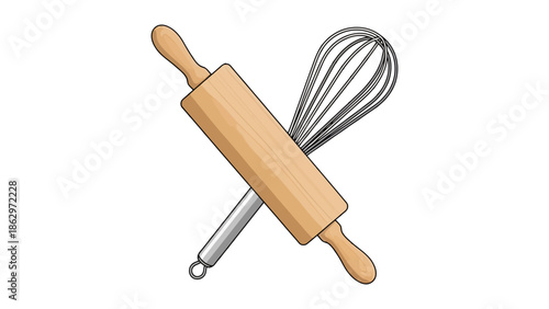 Illustration of a rolling pin and whisk crossed, representing baking and cooking.