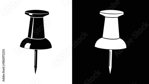 A stark black and white illustration of a pushpin, presented in two contrasting styles against solid backgrounds.