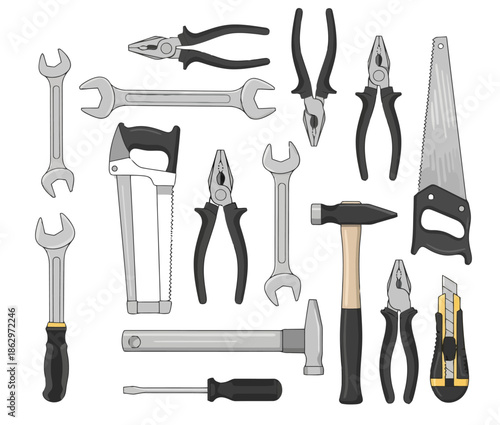 Illustration of various hand tools, including wrenches, pliers, saws, and hammers.