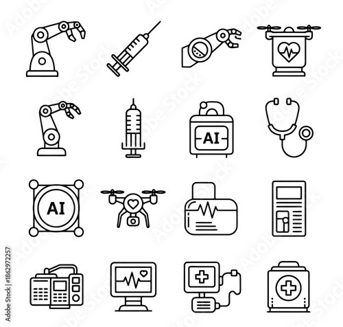 Set of medical and AI icons in outline style.