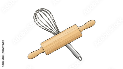 A wooden rolling pin crossed with a metal whisk, symbolizing baking and cooking.