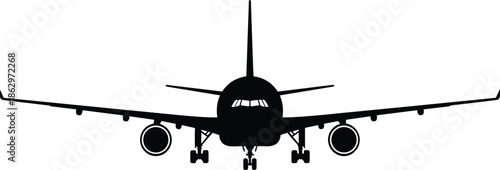 Front view airplane silhouette isolated on white background commercial aviation travel transport aircraft landing concept illustration minimal design vector