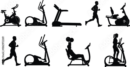 Fitness equipment silhouettes showing treadmill, elliptical, exercise bike, rowing machine, and running man workout activities isolated on white background