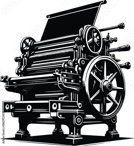 Vintage letterpress printing machine illustration detailed mechanical design and craftsmanship