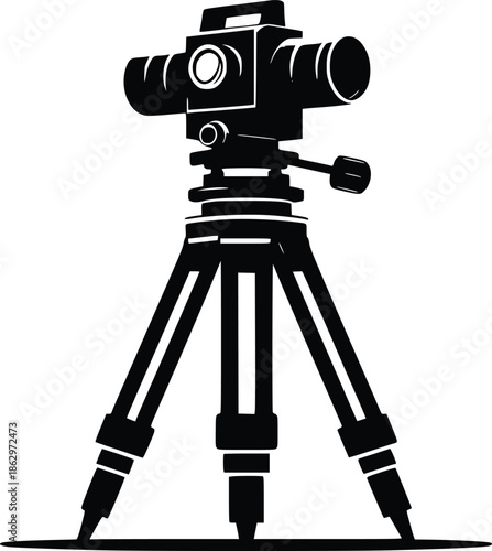 Black and white illustration of a surveying instrument on a tripod