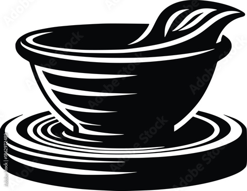 A vintage black and white illustration of a mortar and pestle set