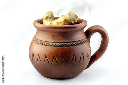 Steaming clay mug with ginger for a soothing herbal tea experience
