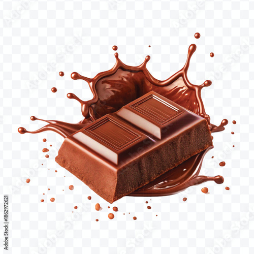 realistic 3d  dark chocolate bar with chocolate cream splash in different  style isolated on transparent background	
