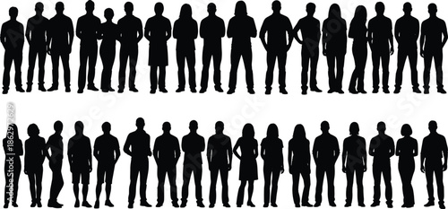 Large group of diverse people silhouettes standing in rows, teamwork, community, business crowd, unity concept isolated on white background