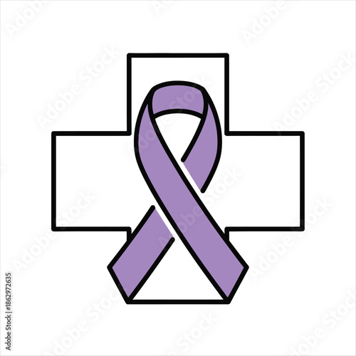 A purple ribbon formed into the shape of a medical cross symbol