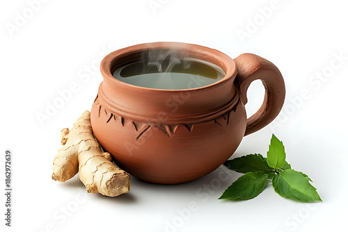 Steaming cup of ginger tea in traditional clay mug with fresh ginger and basil leaves