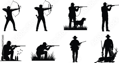 Hunter silhouettes with bow and rifle showing hunting poses isolated on white background wildlife outdoor sport concept illustration