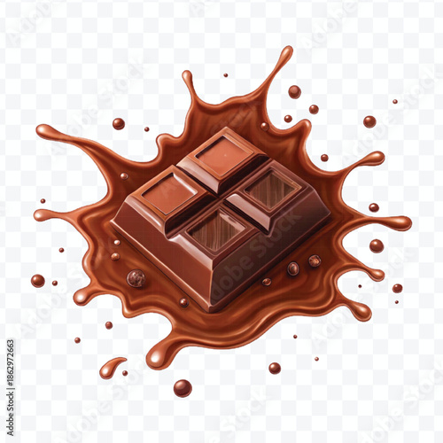 realistic 3d  dark chocolate bar with chocolate cream splash in different  style isolated on transparent background	
