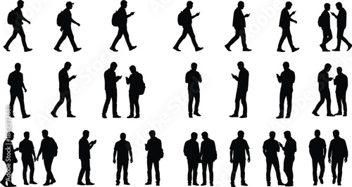 Men people silhouettes set showing walking standing talking and using smartphones isolated on white background modern urban lifestyle vector illustration