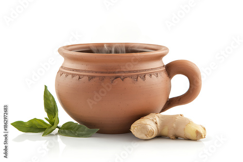 Steaming clay mug with ginger and basil on white background