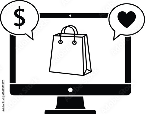 Online shopping concept illustration showing ecommerce purchase on computer screen with shopping bag, payment symbol, and customer engagement icons isolated