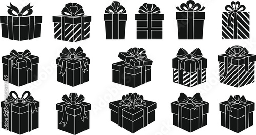 gift, gifts, present, presents, box, boxes, package, packaging, ribbon, bow, celebration, holiday, birthday, christmas, surprise, silhouette, icon, vector, illustration, collection