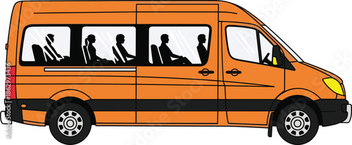 Orange passenger van illustration showing public transport with seated travelers, urban commute, shuttle service, and road transportation isolated on white background