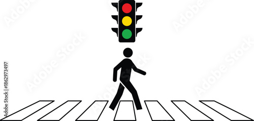 Pedestrian crossing icon with traffic light symbol illustrating road safety, urban mobility, walking concept, and transportation signage design