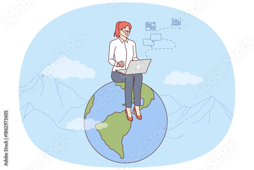 Woman freelancer works for international company via internet, sits on globe with laptop on lap. Successful freelancer girl manages global business in different countries via computer