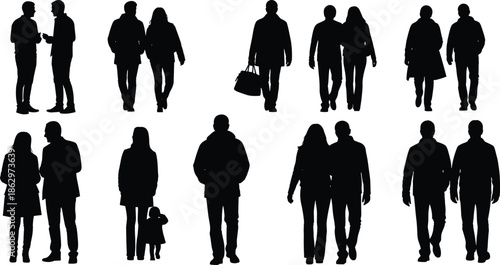 People walking silhouettes set showing urban crowd movement, anonymous pedestrians, daily commute, lifestyle, and modern society isolated on white background