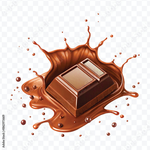 realistic 3d  dark chocolate bar with chocolate cream splash in different  style isolated on transparent background	
