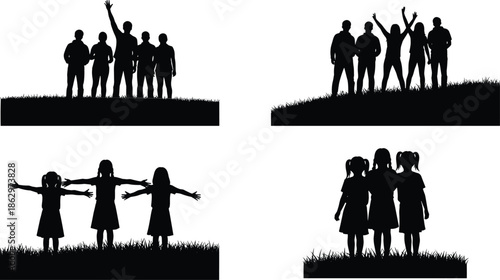 Silhouettes of children and groups standing together outdoors, celebrating friendship, unity, teamwork, joy, and togetherness on grassy landscape backgrounds