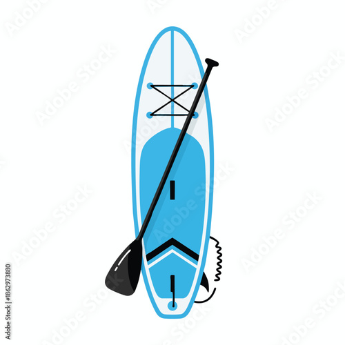 A vector illustration of a stand-up paddleboard with paddle, angled, on a white background